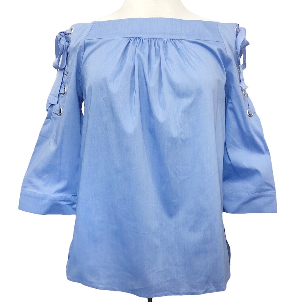 Blue Off Shoulder Tie Sleeve Blouse